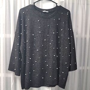 Zara Gray Soft Top Beaded Faux Pearls Pullover 3/4 Sleeves